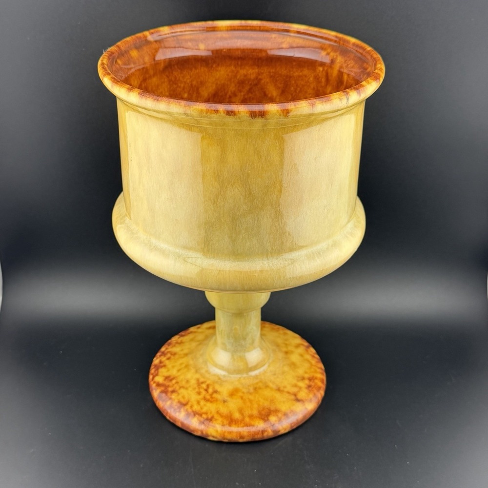VTG Haeger Pottery Chalice Pedestal Planter MCM Tortoiseshell Drip Glaze Yellow